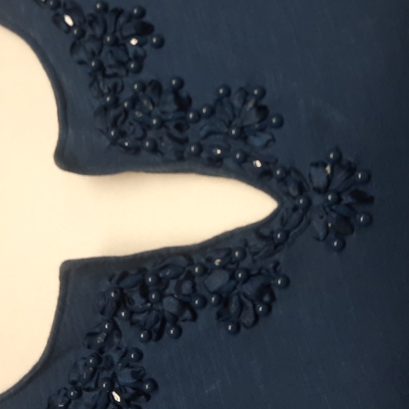 Talbots Marine Blue Jersey Top with Bead & Ribbon Detail, Size Petite P - Picture 4 of 5